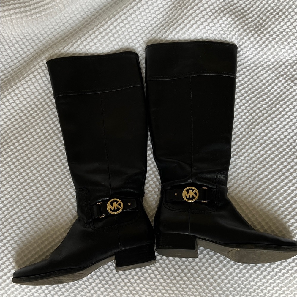 Michael Kors Black Leather Riding Boots w/ Gold MK Hardware size 8